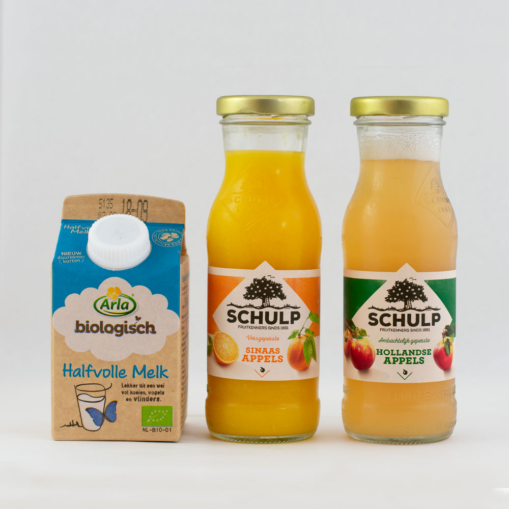 Melk, jus d'orange, appelsap product foto_los